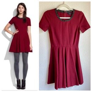 Madewell Black Leather Trim Short Sleeve Skater Mini Dress in Burgundy Red XS